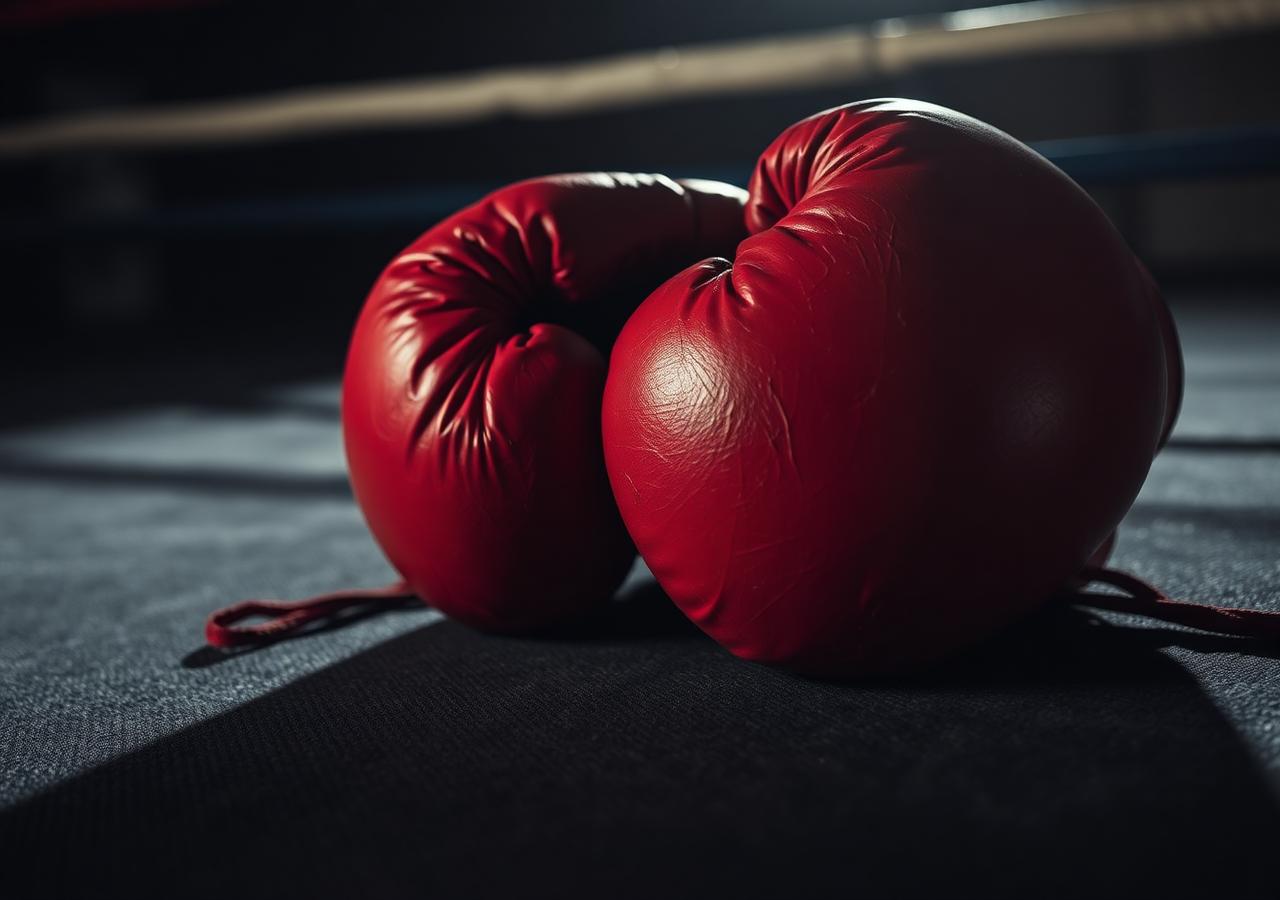 Worn red boxing gloves